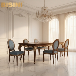 Silla de Comedor Hecha a Mano de Lujo, Inspirada en el Estilo Europeo, con Estructura de Madera Maciza, Adornos de Hoja de Oro y <span class=keywords><strong>Asiento</strong></span> de Terciopelo Azul Vintage - Product Image 2