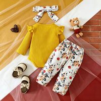Ensemble mode été européen-américain pour bébé fille : veste en coton brodée à manches longues + pantalon imprimé nœud + bandeau