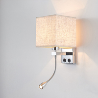 Applique murale LED moderne contemporaine pour hôtel, abat-jour en tissu avec mini projecteur flexible et interrupteur, corps en aluminium
