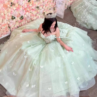 Robes de Quinceanera robe de soirée Spaghetti sangle sans manches dos nu Trail 3D papillon dentelle décalcomanie douce robe de bal vert menthe