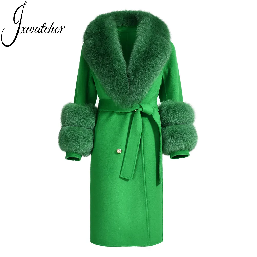 Hot Sale Lady Handmade Sew Spring Winter Wool Coat With Real Fox Fur Belt Design Double Face Long Style Women Cashmere Coat