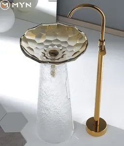 Meiyani 2024 newest design luxury colorful free standing pedestal crystal glass bowl basin lavabo bathroom sinks wash basin
