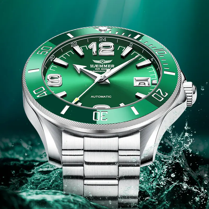 Haemmer 5008 jam tangan Mekanikal baru, seri hantu Air Klasik Dial hijau mewah 500M