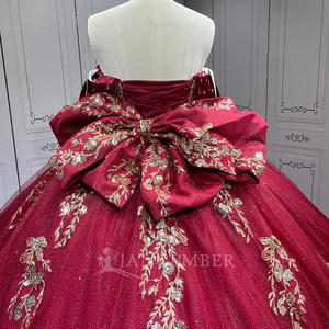 Vestidos de Quinceañera Rojos Lsmu166 para Niña, con Borlas, Plisados, con Hombros Descubiertos, Estilo Princesa, Personalizables, Vestido de XV Años Jancember - Product Image 3