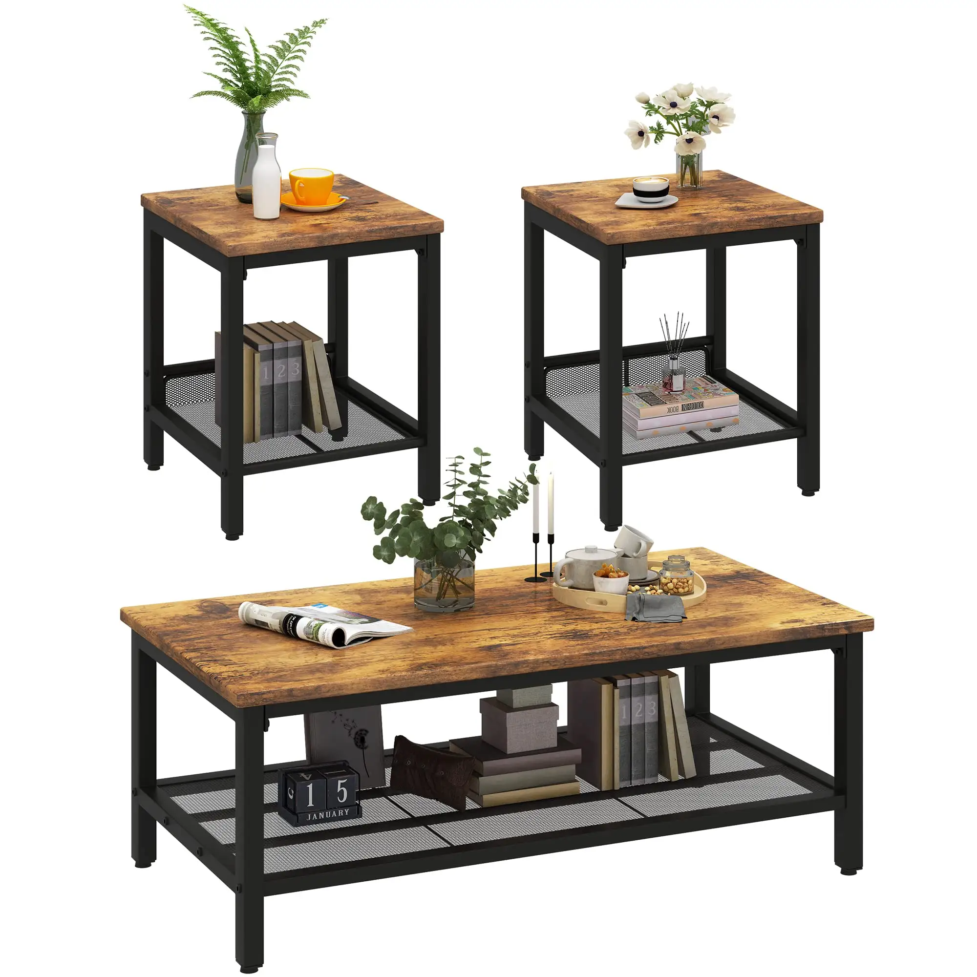 リビングルームアパートメント用の2つの正方形のサイドテーブルを備えた3つの工業用長方形コーヒーテーブルのモダンなコーヒーテーブルセット-ブラウン