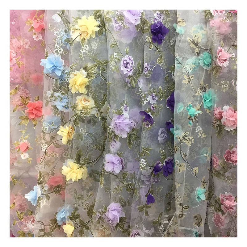 2023 Hot Sale 3d Flowers Floral Print Embroidery Organza Fabric