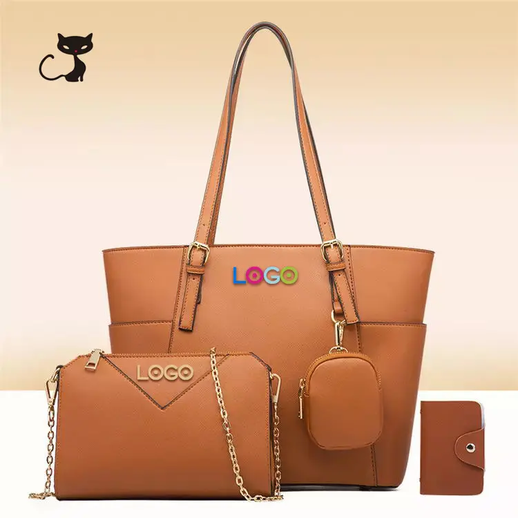 AZB085 Factory PU Leather Women's Handbag shopping Tote Bag Clutch Card Holder Coin Pocket 4 Pcs Lady Handbag Set