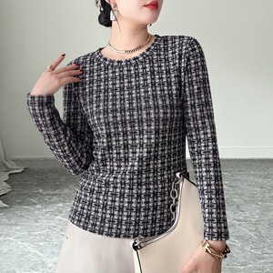 Nouvelle Collection Automne 2026 – T-shirt Imprimé <span class=keywords><strong>à</strong></span> <span class=keywords><strong>Carreaux</strong></span> Col Rond Manches Longues – Haut Amincissant et Ajusté pour Femme - Product Image 4