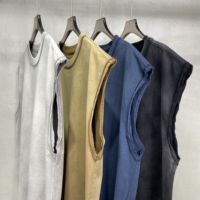 Débardeur de lavage en détresse teint à la cire à bord dispersé, t-shirt vintage sans manches rétro tendance de la rue américaine pour hommes