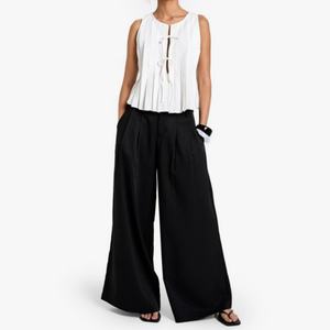 New Arrival Relaxed Fit <b>Linen</b> <b>Tops</b> for Women Crew Neck Sleeveless Pleated <b>Top</b> with Tie-front Detail - Product Image 4