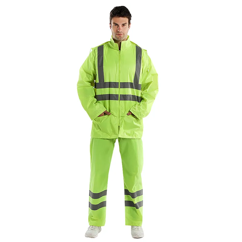 Venta al por mayor chaquetas de seguridad personalizadas reflectante trabajo verde fluorescente impermeable abrigo hombres ropa de trabajo impermeable para adultos abrigo