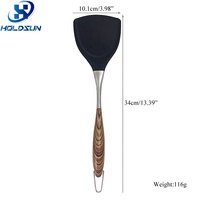 Spatule de cuisine noire résistante à la chaleur avec logo personnalisé, spatule en silicone pour wok avec revêtement en bois, manche en acier inoxydable