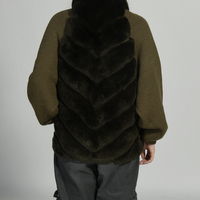 Jxwatcher Lässige Damen Langarm-Pelzweste Gehäkelte Wollstrickjacke für Frauen Winter Echter Rex-Kaninchenfellkragen Damenpullover