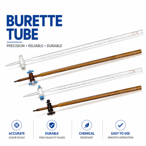 Burette en verre borosilicaté transparente ou ambrée avec robinet en verre et robinet en PTFE, 10ml, 25ml, 50ml, 100ml, pour titration en laboratoire - Product Image 1
