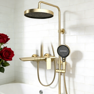 Conjunto de Misturador de Chuveiro de Luxo para Banheiro em Latão Dourado Escovado com Sistema de Massagem Suave, 4 Funções, Painel de Chuveiro Termostático com Efeito Chuva - Product Image 1