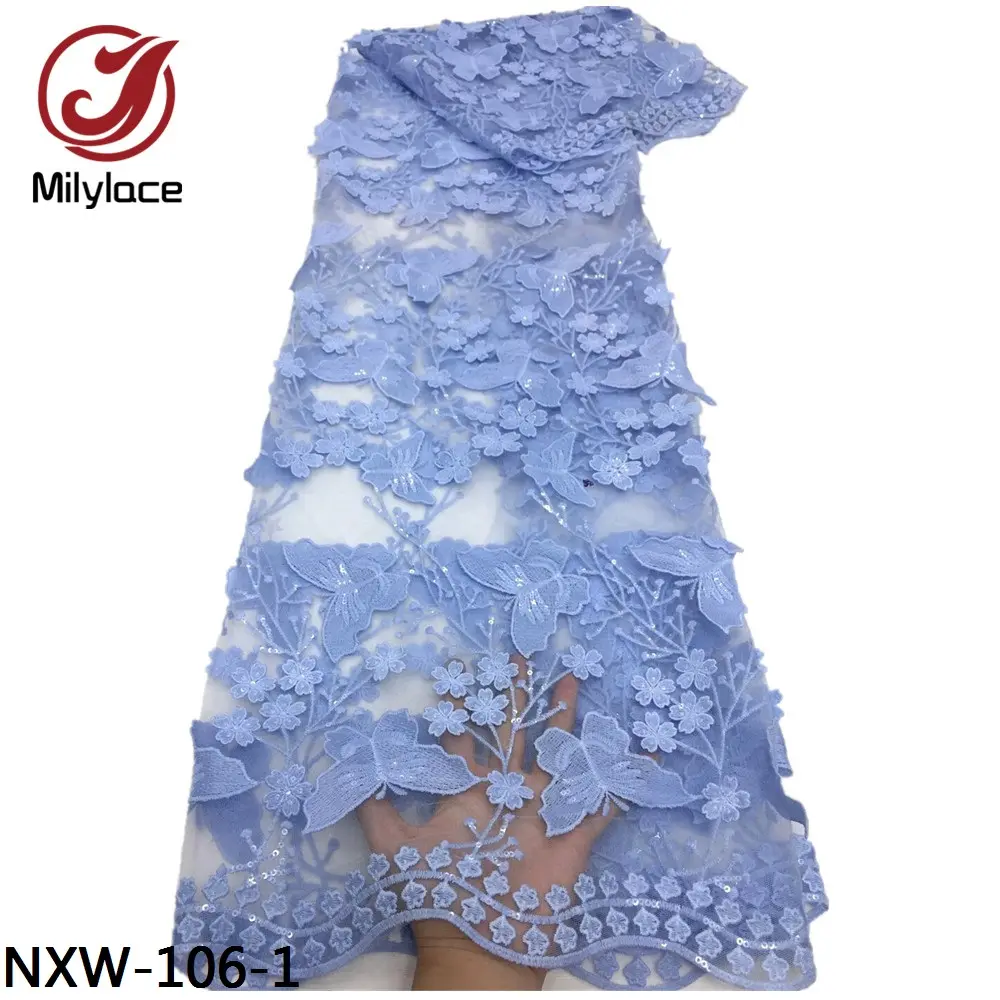 Bonito vestido de renda africano bordado 3d borboleta rede francesa tecido de renda com lantejoulas