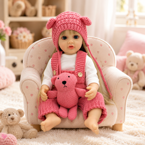 BAkwbwBY Muñeca <span class=keywords><strong>Reborn</strong></span> 22 Pulgadas Caucásica Cabello Liso Conjunto Tejido Rosa Gorro de Oso Realista Suave OEM Mayorista - Product Image 2