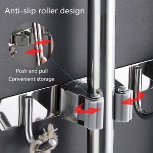 Support mural moderne gris en acier inoxydable SUS304 sans perçage pour balais et serpillères, avec crochets multiples non pliables et rangement en silicone - Product Image 4