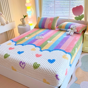 2026 New Cute Rainbow Heart Bubble <strong>Fleece</strong> <strong>Fitted</strong> <strong>Sheet</strong> Set Soft Warm Non-Slip Bed <strong>Sheet</strong> with Pillowcases for Kids Bedroom Winter - Product Image 3
