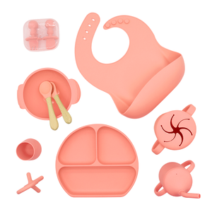 Ensemble d'alimentation en silicone pour bébé : assiette compartimentée à ventouse sans BPA, bavoir en silicone, tasse à boire et cuillère – Idéal pour l'autonomie alimentaire (BLW) – Vente en gros - Product Image 1