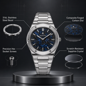 Montre analogique à quartz de luxe pour homme SparkTime, acier inoxydable, lunette octogonale, cadran en carbone forgé bleu - Product Image 3