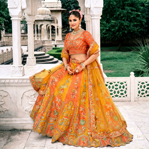Robe de demoiselle d'honneur Rivaayat House en organza brodé orange, col rond, manches trois quarts, coupe trapèze, longueur au sol, taille naturelle - Product Image 1