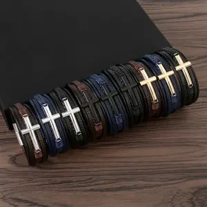 Men Vintage Jewelry Layers Blue Black Real leather Bracelet Metal Religious Cross Magnet Leather Bracelet