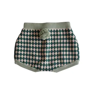 Fashion Custom Diamond Plaid Pattern Knitting Pom Pom Cotton Baby Cute Tail Shorts Pants Casual Toddler Pants