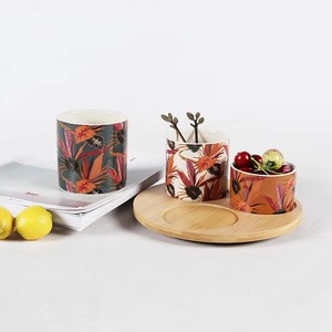 Ensemble de 3 bols de service en céramique peints à la main avec plateau en <span class=keywords><strong>bois</strong></span>, motif feuille tropicale et soleil, pour fruits, salades, desserts, cadeau de fête - Product Image 2