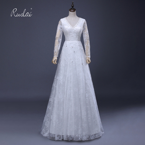 Ruolai LV6A37 최신 디자인 V-넥 신부 가운 모슬린 레이스 구슬 간단한 긴 소매 아랍어 웨딩 드레스 웨딩 가운 - Product Image 1