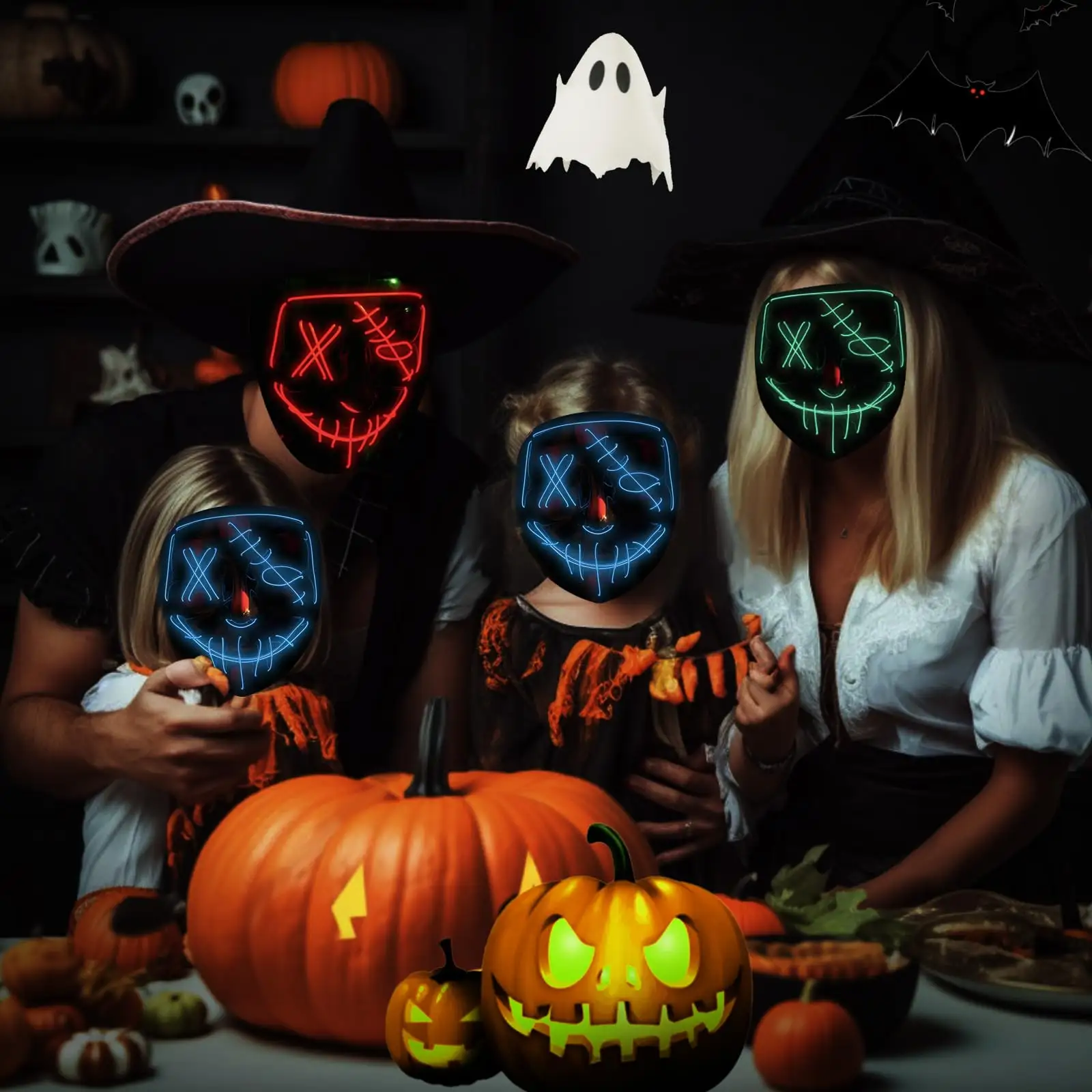 Masque de fête d'Halloween Masque lumineux à LED Masque effrayant pour adultes et enfants Cosplay Costume d'Halloween Mascarade Party