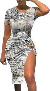 Vente en gros de <span class=keywords><strong>robe</strong></span> de club <span class=keywords><strong>moulante</strong></span> pour femmes Plus Size Slit Midi Tshirt Dresses Ladies Summer Sexy News Paper Date Night Curvy Dress - Product Image 2