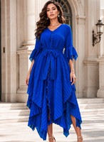 Robe de soirée formelle scintillante pour femme, col en V, volants, manches 3/4, nœud à nouer à la taille, ourlet asymétrique haut-bas, longue