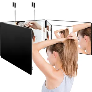 Retractable and adjustable led cosmetic mirror portable self barber hanging three fold mirror