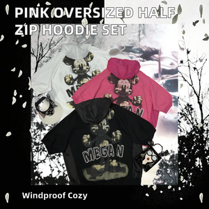 6682/Blouson rose en coton surdimensionné à demi-zip avec capuche, imprimé lettres scintillantes, empiècements contrastants, ensemble décontracté pour le quotidien et la mode urbaine - Product Image 2