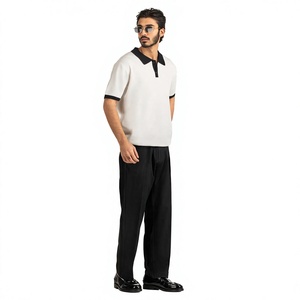 Polo en coton blanc pour homme avec col et poignets noirs, manches courtes, design uni tricoté, respirant, coupe classique - Product Image 6