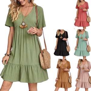Robe Courte Femme Col V en Coton Froissé Style Européen et Américain Manches Courtes Ourlet Volanté Étages Bohème Décontractée Robe d'Été - Product Image 1