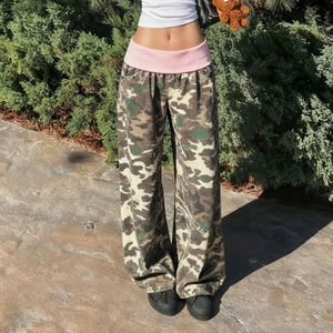 Pantalon large à taille contrastée rétro américain, pantalon décontracté tendance pour femmes, coupe slim - Product Image 1