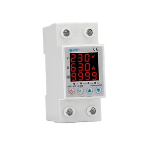 63A 230V 3 Display Din rail adjustable over under voltage surge protector relay with over current protection Kwh Power watt Mete