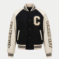 Blouson universitaire en laine noire avec manches en cuir PU, broderie plate en chenille WALK OFF, style baseball, col montant, hiver, OEM