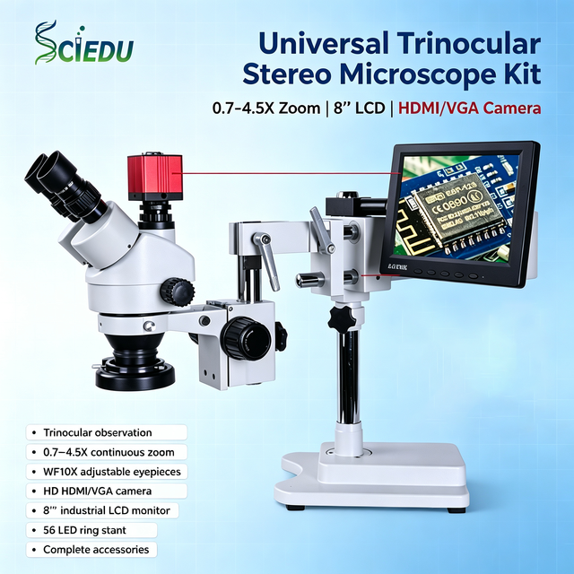 SCIEDU Industrial Repair Binocular Digital Stereo Microscope Kit with LED Illumination and 8-inch LCD Display