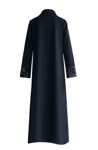 Abaya Moderna y Elegante para Mujer, Ropa Islámica Tradicional de Lujo de Dubái, Estampado Floral Negro Hecho a Mano, Poliéster, Primavera Verano - Product Image 2