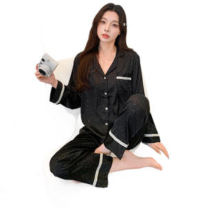 Conjunto de Pijama de Seda Helada para Mujer, Negro, Casual, para Descansar, con Cintura Elástica, Manga Larga, Cárdigan, Ropa de Dormir, Lujo Ligero, con Brillo y Estampado Animal - Product Image 5