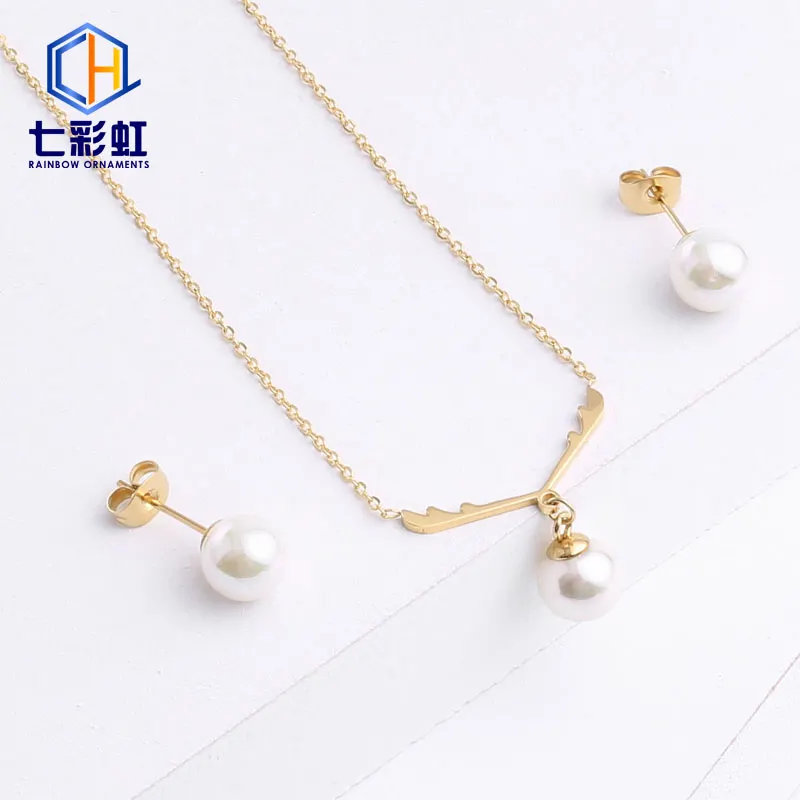 Pearl Gold Plated Stainless Steel Wedding Necklace And Earrings Jewelry Set For Women