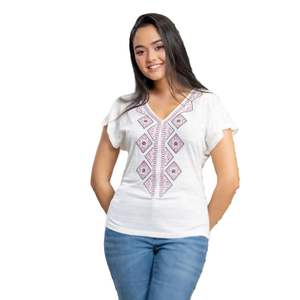 Blusa Versátil Premium de Manga Corta en Tejido Mélange Color Blanco Hueso, Transpirable para Mujer - Product Image 2