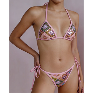 ملابس سباحة نسائية مزينة بالترتر، طقم بيكيني من 3 قطع، توب مثلث، بيكيني برازيلي مخصص لامع - Product Image 1