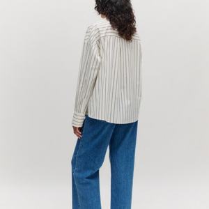 Blusa Larga de Algodón de Lujo de Alta Calidad, 19 Momme, Cuello Mao, Estilo Vintage, Diseño a Rayas, Personalizada 100% - Product Image 3