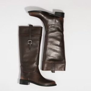 Metal Buckles Top Wide Shoes Flat Heels Knight Long <b>Boots</b> Women's Wide Fit Knee High Patchwork Round Toe Booties - Product Image 6