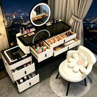 Coiffeuse moderne pliable en chêne massif avec miroir LED, station de charge sans fil, quincaillerie en acier inoxydable, plateau en verre et tabouret