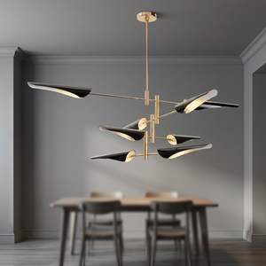 Lámpara de araña moderna dorada con pantallas acrílicas negras, altura ajustable, luz LED regulable para comedor - Product Image 3